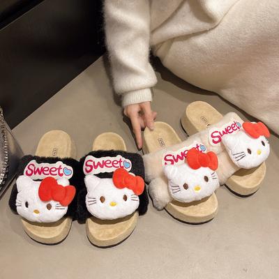 Fashion Hello Kitty Platform Girls Fluffy Shoes Autumn and Winter Cute Cartoon Outer Wear Warm Cotton Shoes Casual Cotton Slippers