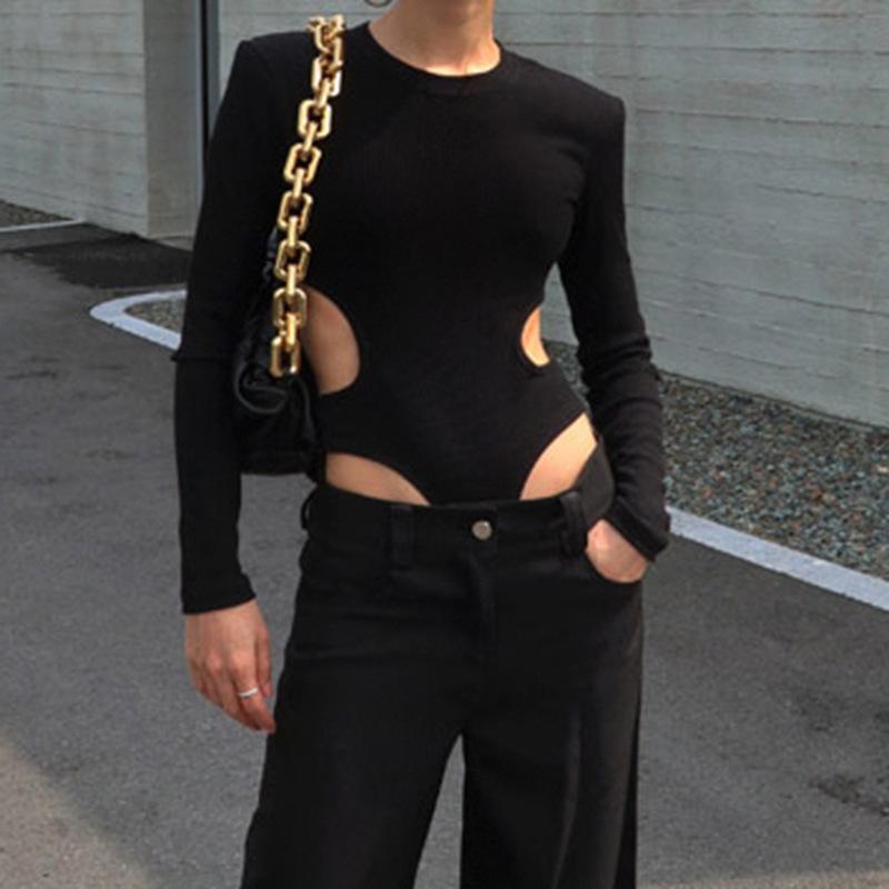 European and American Hollowed Out Spicy Girl Slim Fit Versatile Jumpsuit Sexy Street Trend Slimming Round Neck Long Sleeved Top for Women