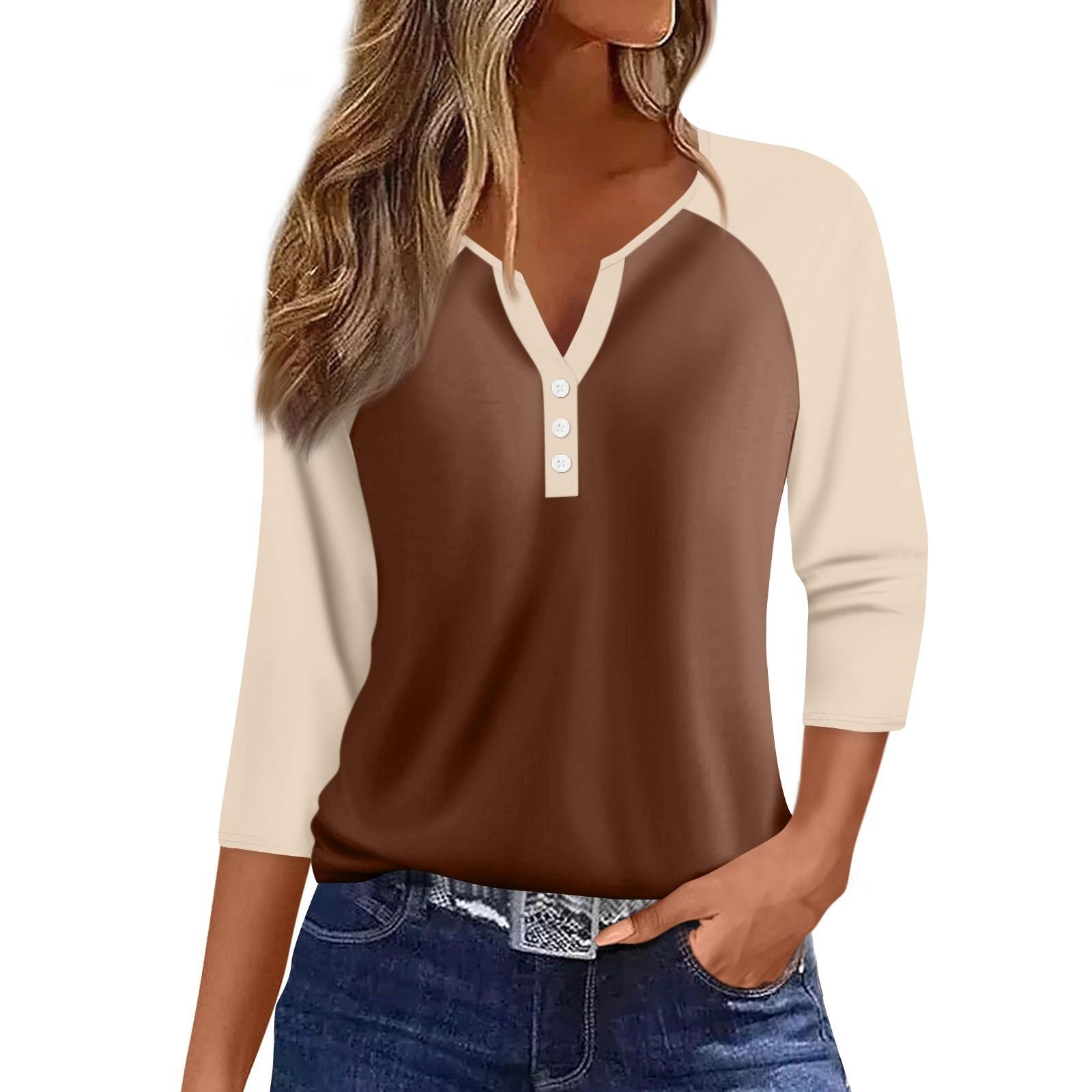 

Женская мода повседневная футболка с рукавами реглан, колор-блок, V-образным вырезом, рукавами три четверти, декоративными пуговицами XXL коричневый