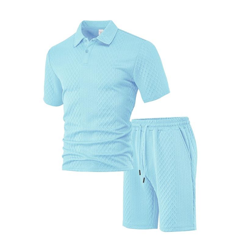 Fashion Men's Textured Polo Shirt 2-Piece Set Casual Short Sleeve Top & Shorts Tracksuit