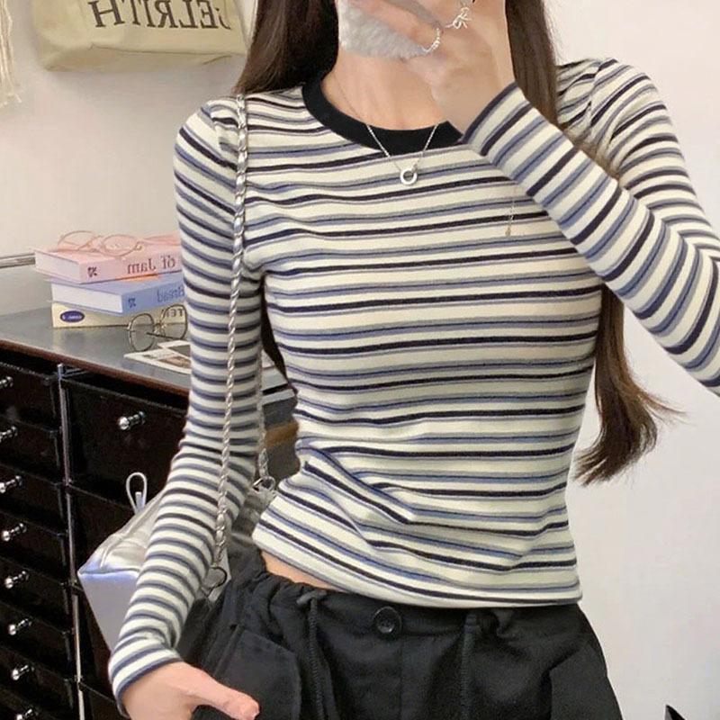 Spring Autumn Winter Retro Color Block Stripe Long Sleeve Top Women Daily Commute Slim Versatile Tee