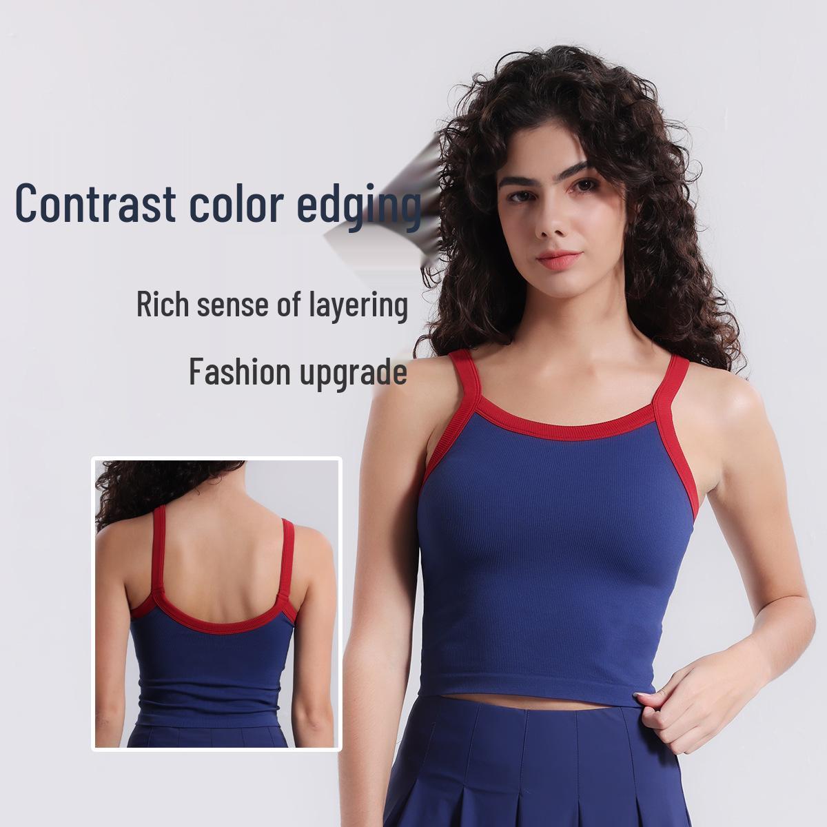 

Retro Color Block High-Elastic Anti-Sagging Sports Bra Yoga Vest for Women S under 95 jin темно-синього кольору