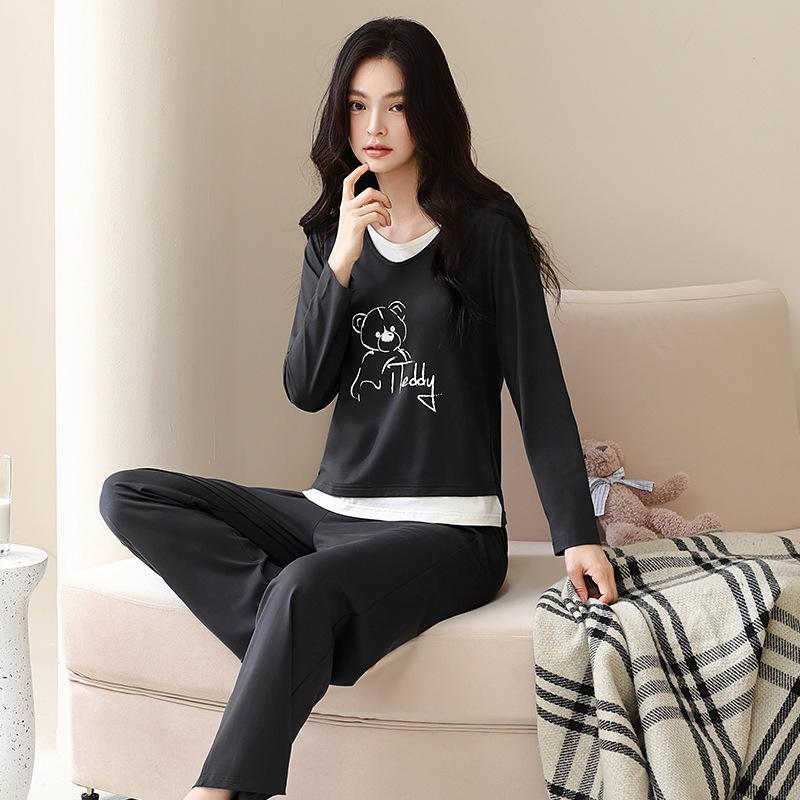 Pure cotton pajamas women's spring and autumn long-sleeved round neck casual fake two pieces women's autumn can wear loungewear suit