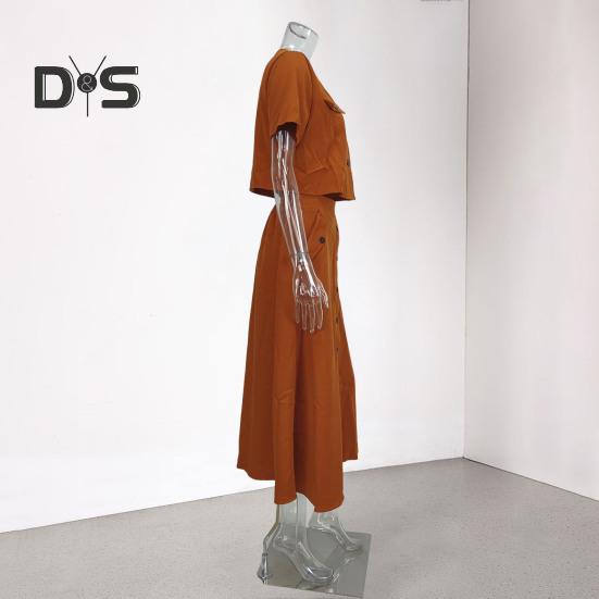 Women's Shirt And Skirt Solid Color O Neck Button Down Blouse Skirt with Pockets Summer Outfit for Office Business Occasions