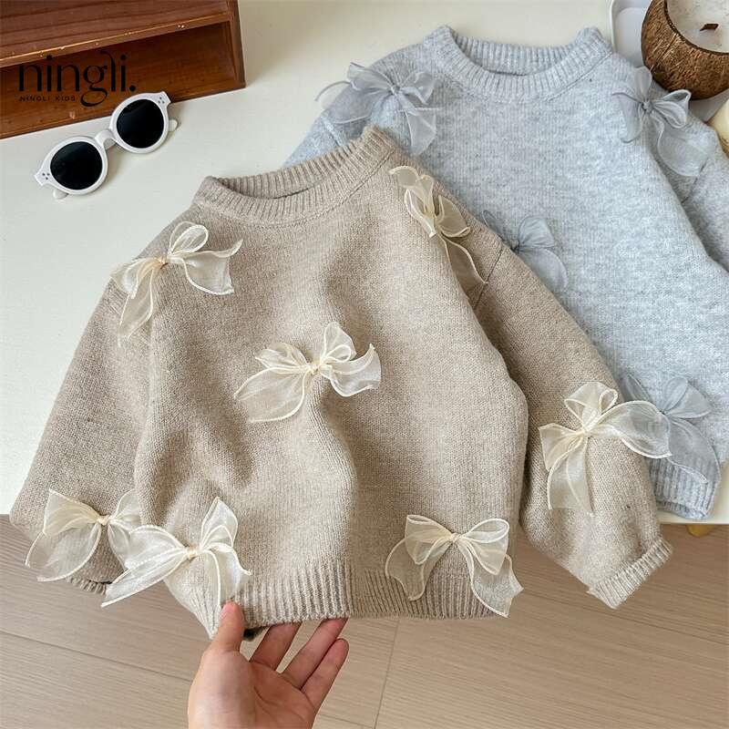 Korean Children Clothing Autumn Girl Baby Toddler Solid Bow Sweaters Winter Fashion Sweet Kid Princess Knitted Sweater