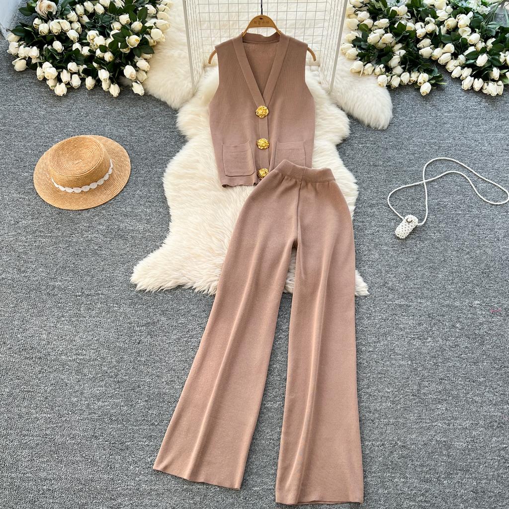 Summer Women Knitted Sweater Tracksuit Sleeveless Big Gold Button Tank Vest Tops and Wide Leg Pant Two Piece Set