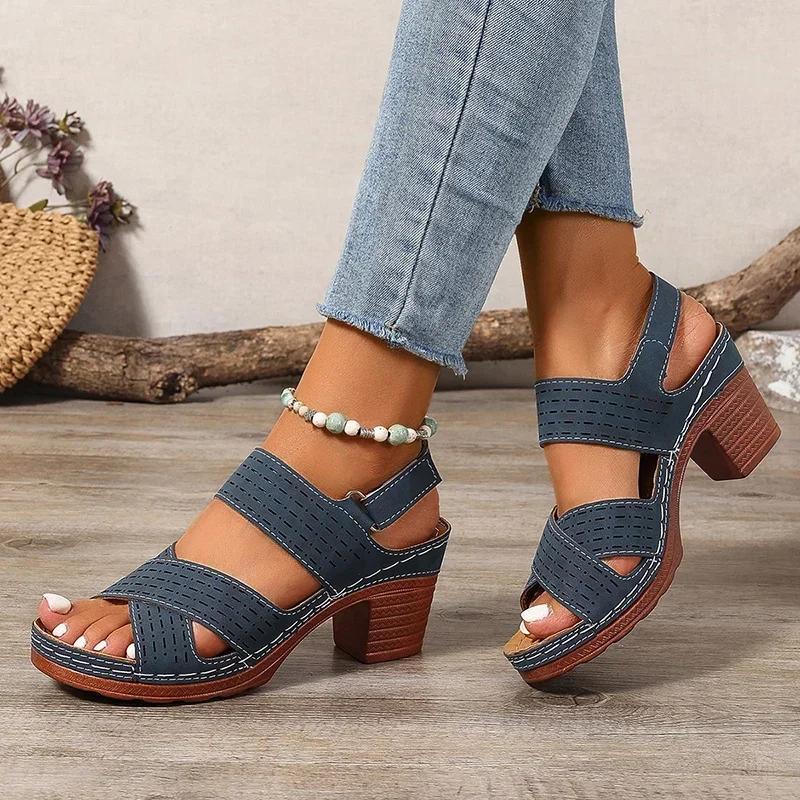 Fashion 2025 Summer New Thick High Heel Sandals Women's Cross Band Fashion Beach Sandels Hook Loop Anti-Slip Platform Sandalias De Mujer