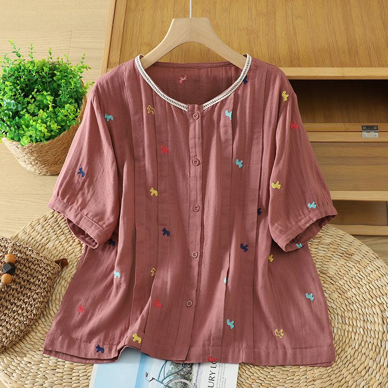 

DIMANAF 2026 Plus Size Summer Women Blouse Shirts Tunic Oversize Loose Casual Cotton Linen Lady Tops Embroidery Floral XL рожевий