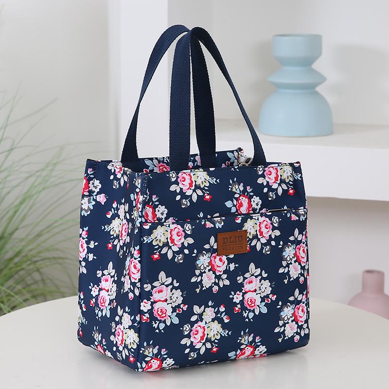 Elegante e prático: Bolsa Térmica Portátil para Almoço com Estampa Floral e Tecido de Nylon Espesso para Trabalho e Ar Livre