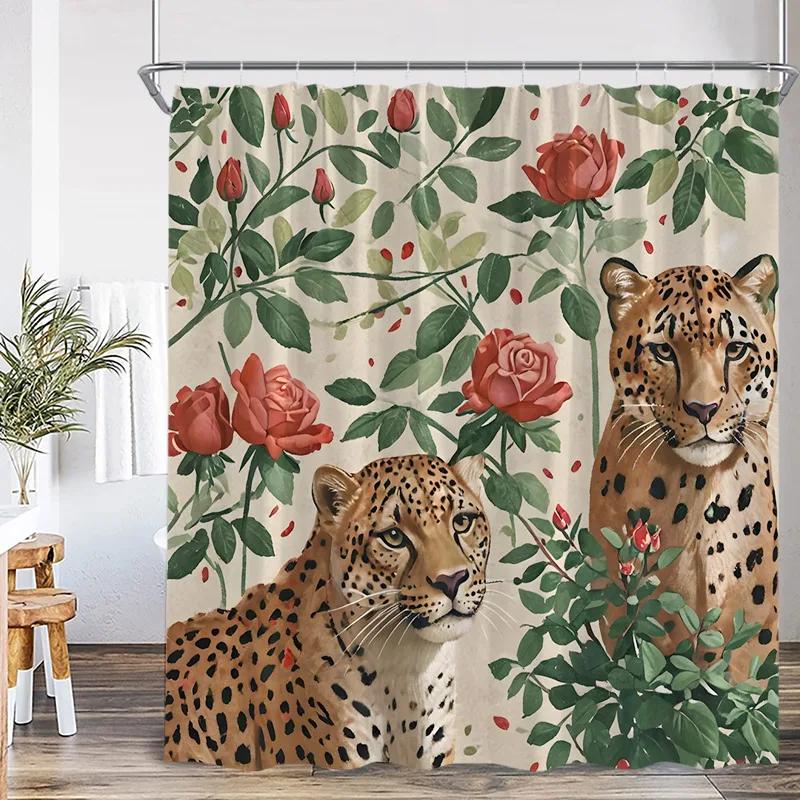 Floral Leopard Shower Curtains Watercolour Jungle Flowers Plants Wild Animal Bath Curtain Fabric Home Bathroom Decor with Hooks