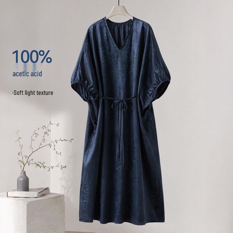 IHIMI 100% Acetate Relaxed Fit V-neck Midi Dress S