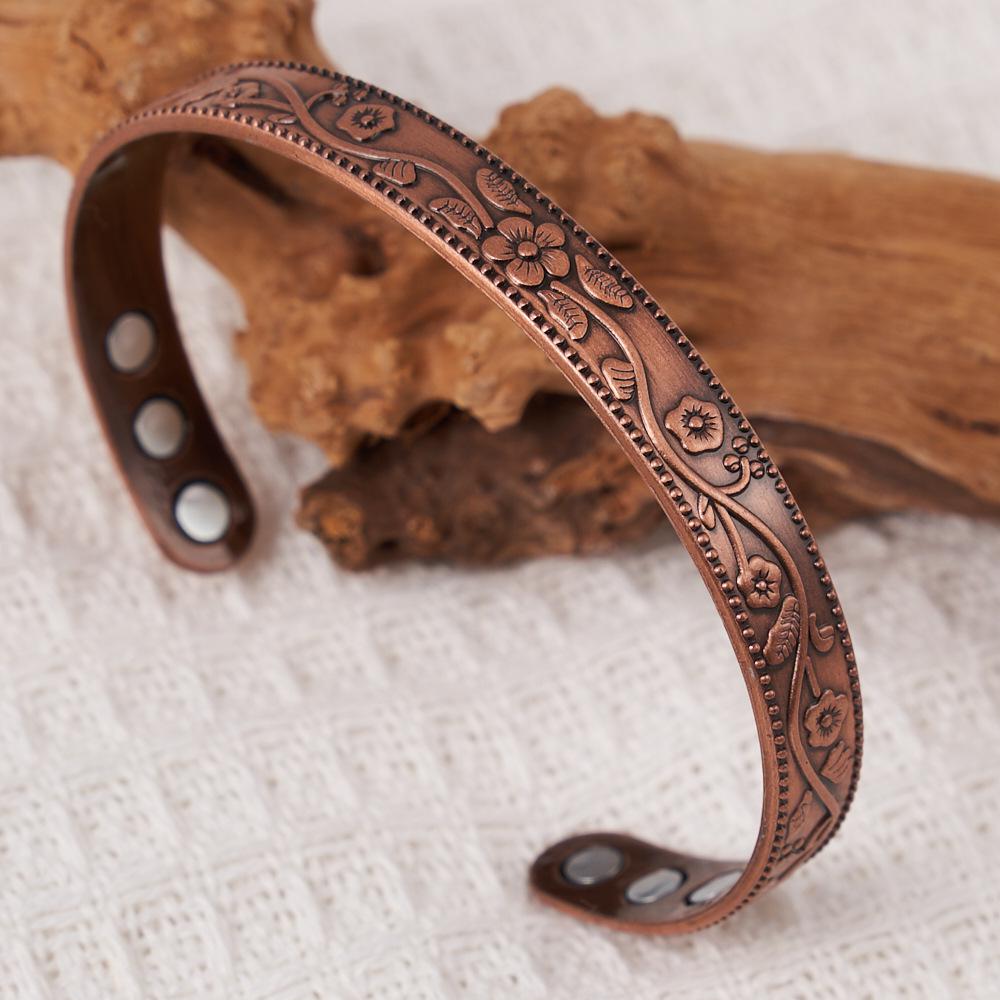 Temu Plum Blossom Magnetic Bracelet & Vintage Flower Ring Set - Adjustable Antique Red Copper for Men & Women