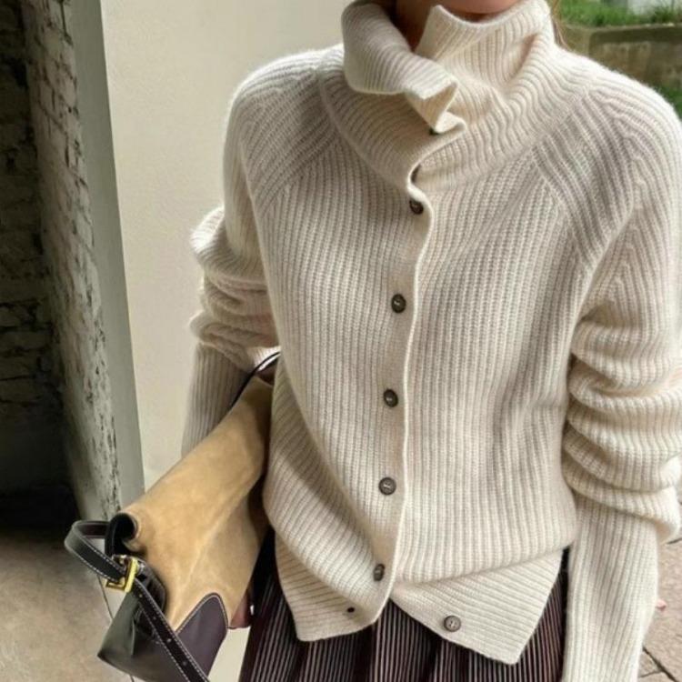 

Chunky Knit Sweater Women High Neck Loose Cardigan Winter Autumn Thick Base Layer Top Coat One Size білий