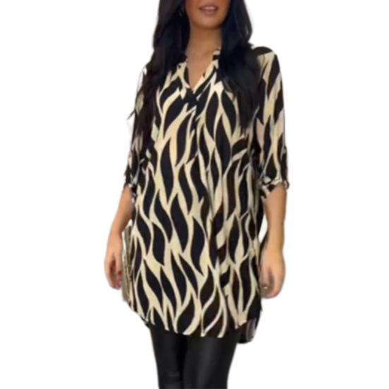 

Женская повседневная блузка свободного кроя с V-образным вырезом и коротким рукавом, полосатый принт, рубашка средней длины, рабочая одежда 2XL хаки