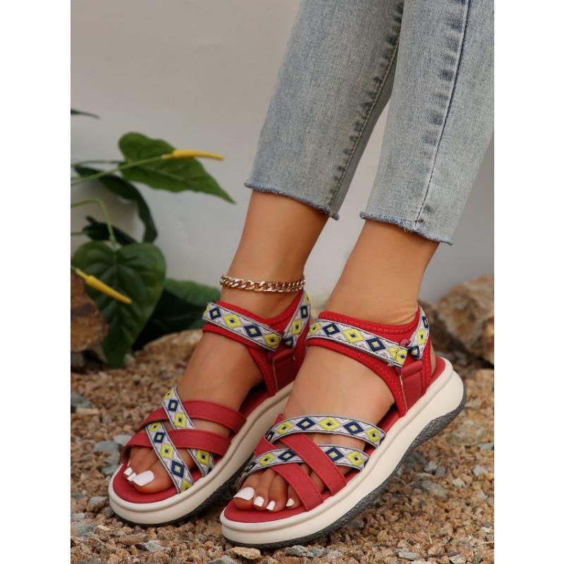 Women's New Summer Color-block Fashion Ethnic Style Light Beach Shoes Cross with Peep-toe Soft Platform Sandals