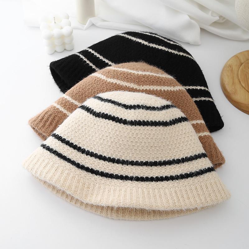 Autumn and Winter Warm Bucket Hat Women's Niche Retro Striped Splicing Basin Hat Women's Wool Knitted Fisherman Hat