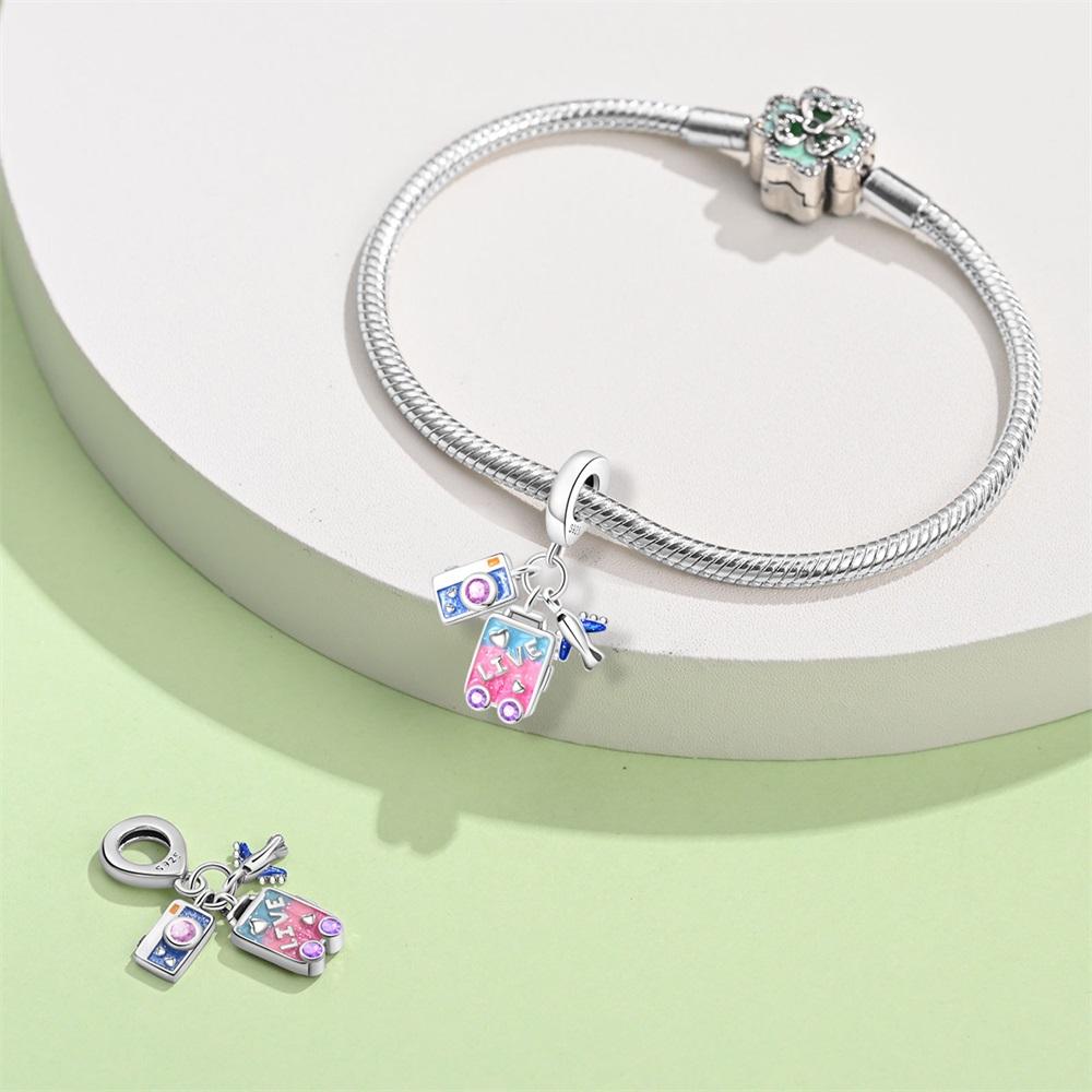 Original Copper Charm Luxury Pink Travel Suitcase Airplane Pendant Bead Fit Bracelet Diy Women Making Delicate Gift