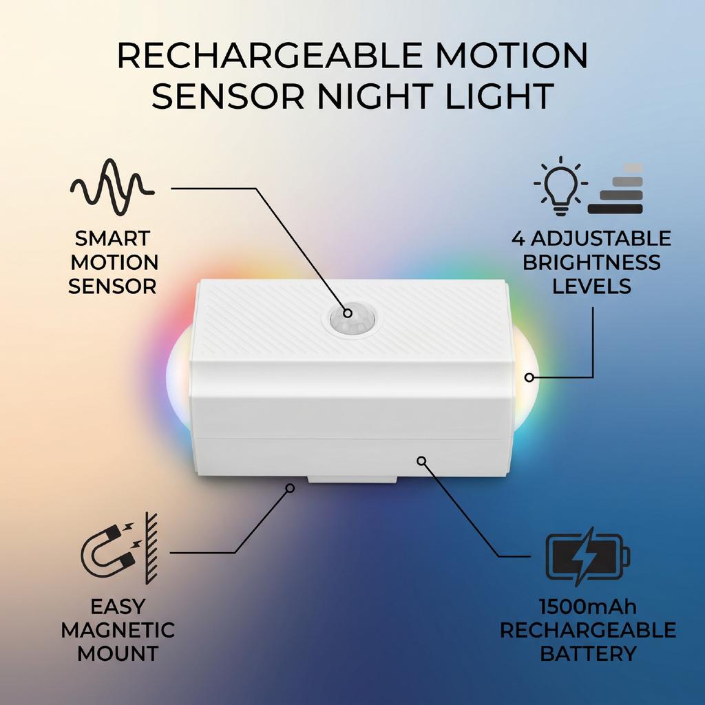 Rechargeable Motion Sensor Night Light Magnetic 7 Color Changing LED Ambient Light Battery Operated Indoor Wall Lamp