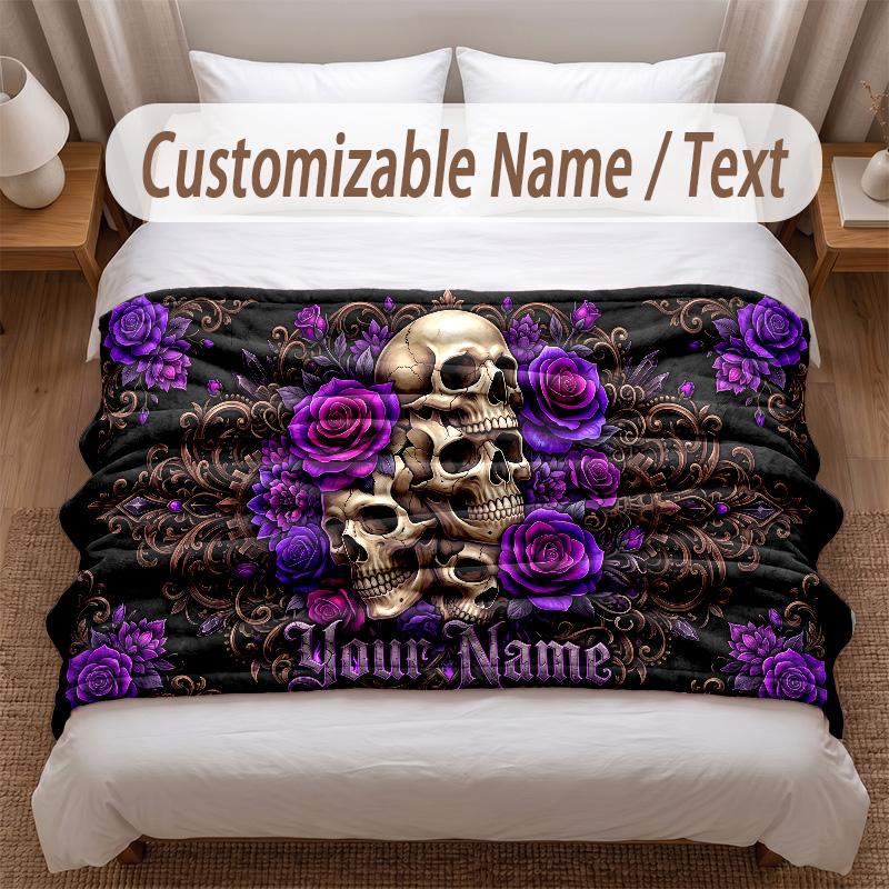 Skull Gothic Theme Soft Blanket Personalized Custom Name Text Print Warm Blanket Home Sofa Bedroom Decor