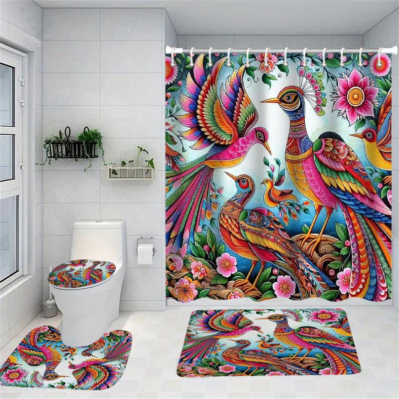 

Animal With Flowers Pattern Shower Curtain Bath Sets Waterproof Non-Slip Bathroom Rug Toilet U With 12 Hooks Home Deco W60H190(CM)-1 Pcs