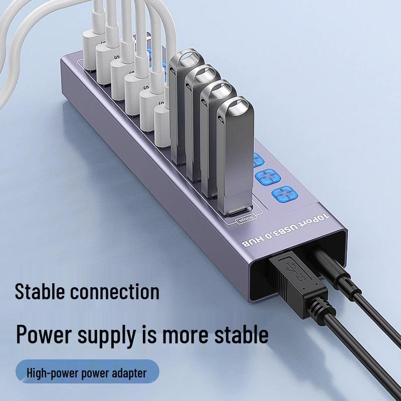 10-Port USB 3.0 Hub with Switch, Charging Type-C Port, One-to-Ten Splitter
