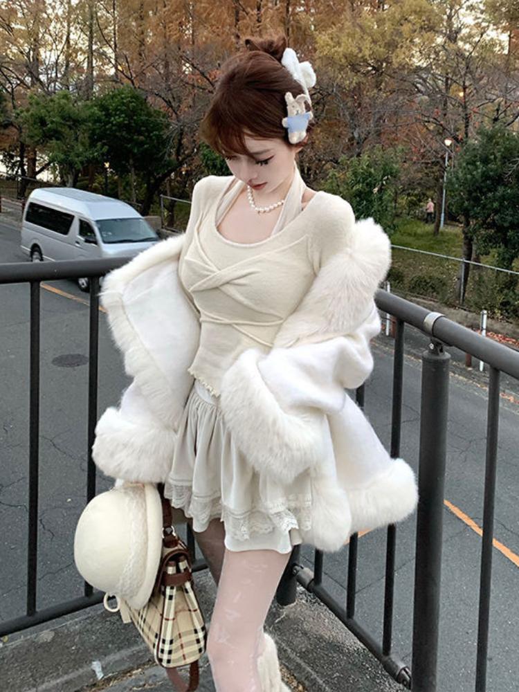 Janpanese Kawaii słodki 2-częściowy zestaw kobieta głęboki dekolt krzyżowe bluzki z dzianiny Mini spódniczka z ciastem kobieta koreański Fashion Design garnitur casual 2024 nowość