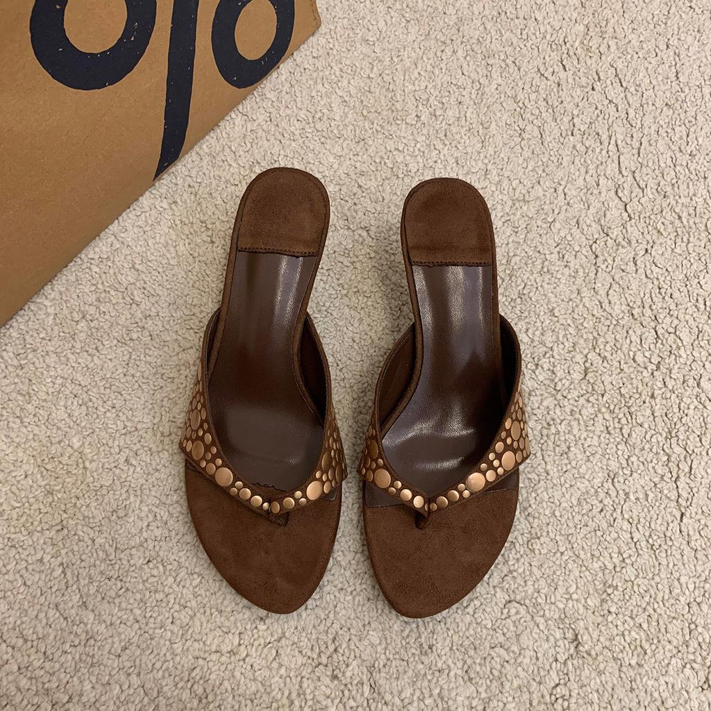 2025 Retro One-pedal Flip-flops Brown Pinch-foot Niche High-heeled Sandals