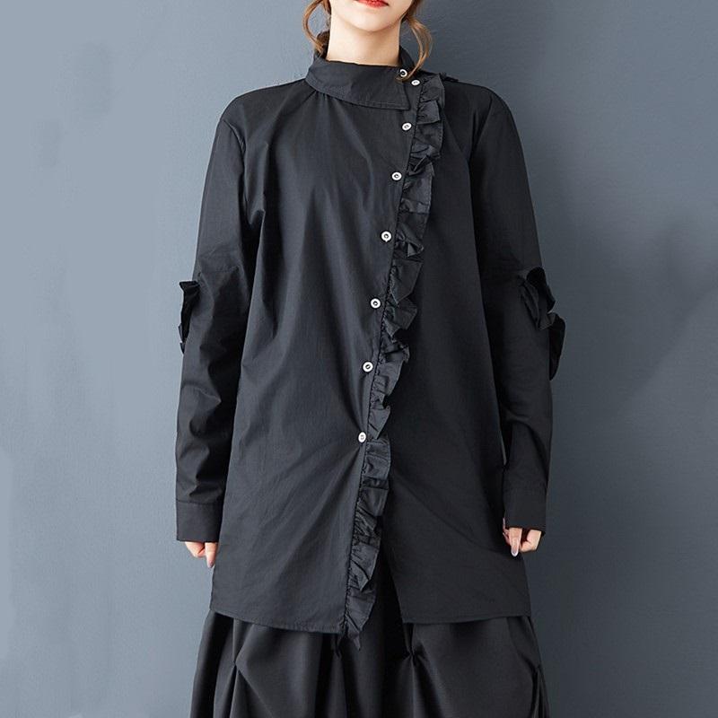 Long Sleeve Oversized Vintage Black Shirts & Blouses for Blouse Casual Loose Spring Autumn Tops Women Button Up Shirt