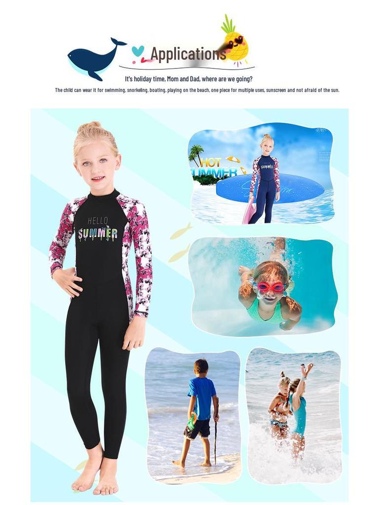 Children's Long Sleeve One-Piece Swimsuit - Girls' Quick-Drying Sunscreen Diving Suit