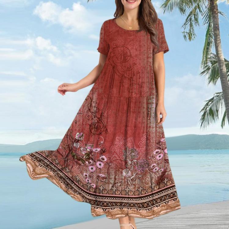 Bohemian Floral Summer Beach Dress Women Casual Loose Long Maxi Swing Short Sleeve