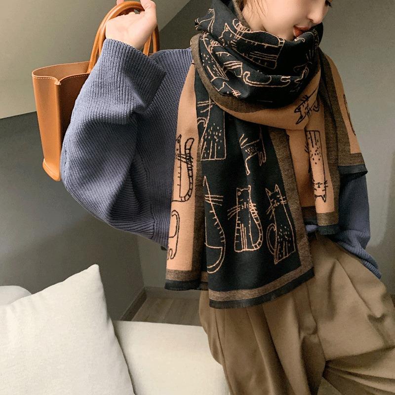 Cute pattern scarf, warm in winter, cute cat imitation cashmere scarf, female, short beard shawl, scarf dual-purpose