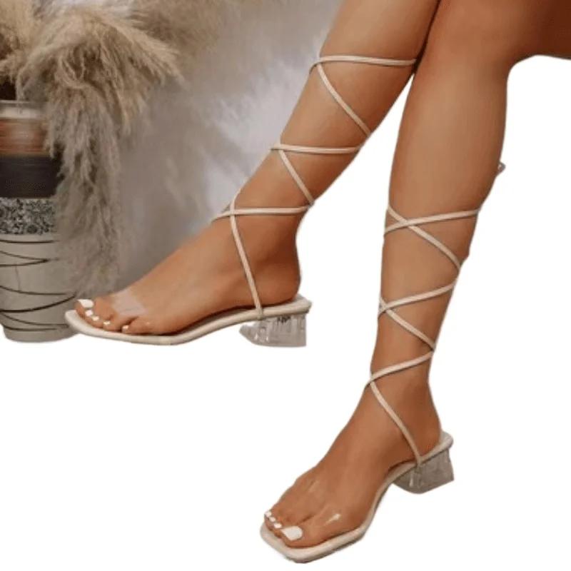 Women's Strapping Sandals High Heels Square Heels Caligae 2024 Elegant Woman Heeled Shoes