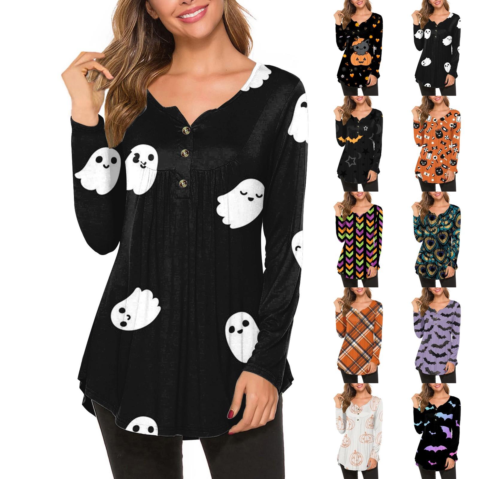 

Женская мода повседневная блузка с длинным рукавом и принтом в виде пуговиц на Хэллоуин с круглым вырезом XXXL