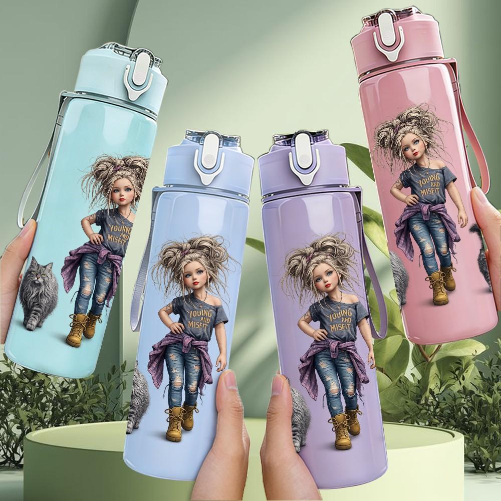 1PC Rag Doll Girl Toy Character Print 750ml Color Plastic Sports Water Bottle Leakproof Flip Straw Lid Suitable for Sports Office Home Use