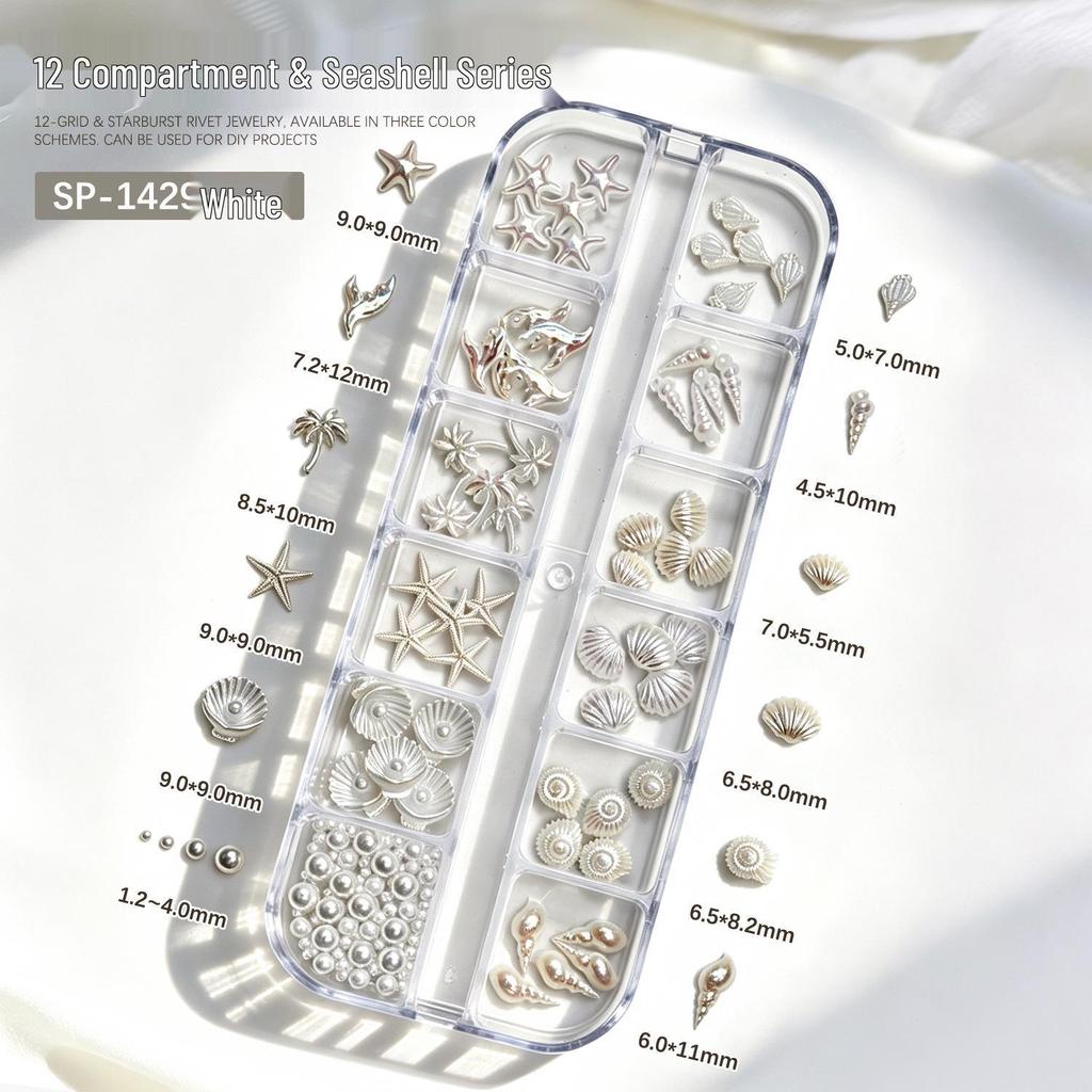 12-Piece Ocean-Themed Nail Art Accessory Set: Starfish, Shells, Conch, Coconut Trees, and Pearls