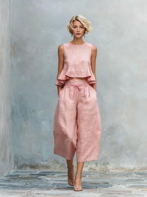 New Arrivals Summer Women's Linen Blend Two-Piece Set with Ruffles