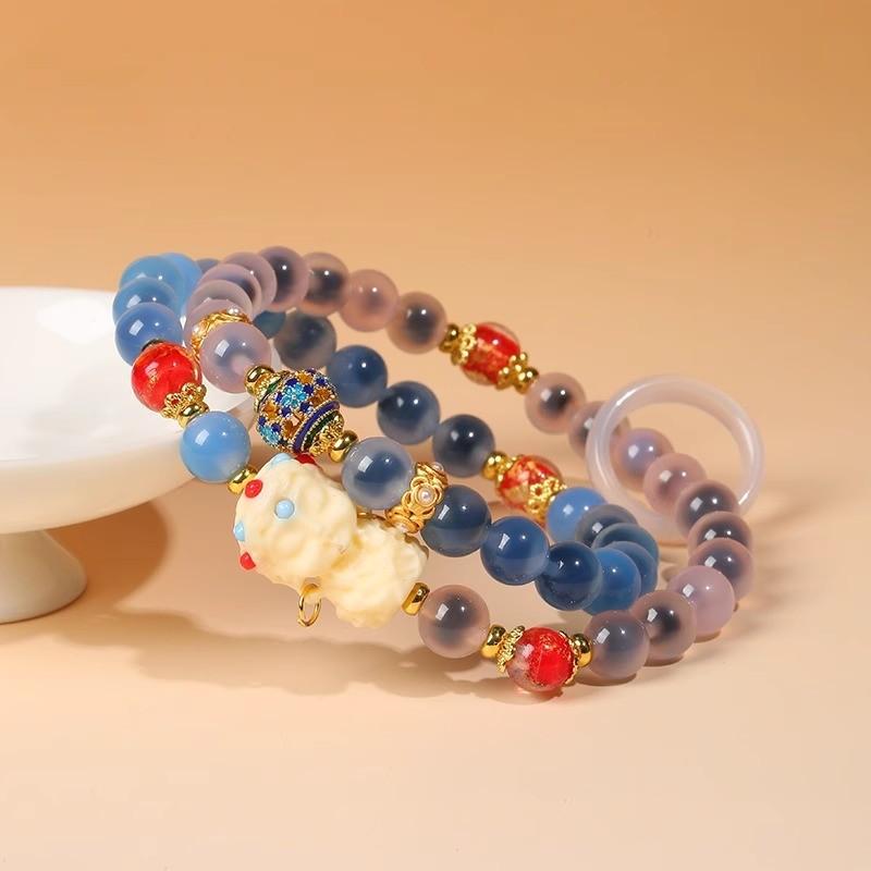 

Natural Sugar Agate Bracelet with Green Tara Multi-loop Beads, Accessory Bracelet for Women, Zodiac Gift for Best Friend, Jewelry Blue and pink sugar heart