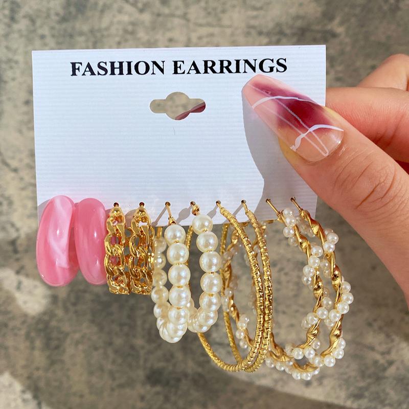 New Gold Color Big Circle Hoop Earring Set for Women Fashion Bohemia Vintage Pearl Earring Heart Zircon Ear Studs Jewelry Gifts