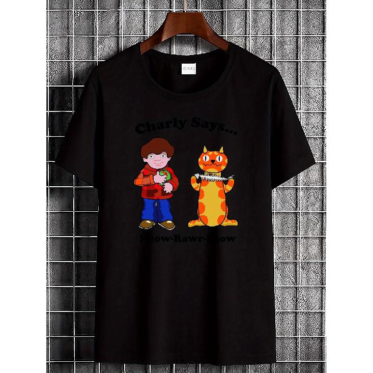 Charly Says Men S 70s Retro Rave Prodigy Graphic T-Shirt - Vintage Meow-Rawr-Eaow Design, Soft Breathable Fabric, Regular Fit Short Sleeve Tee for S чёрный