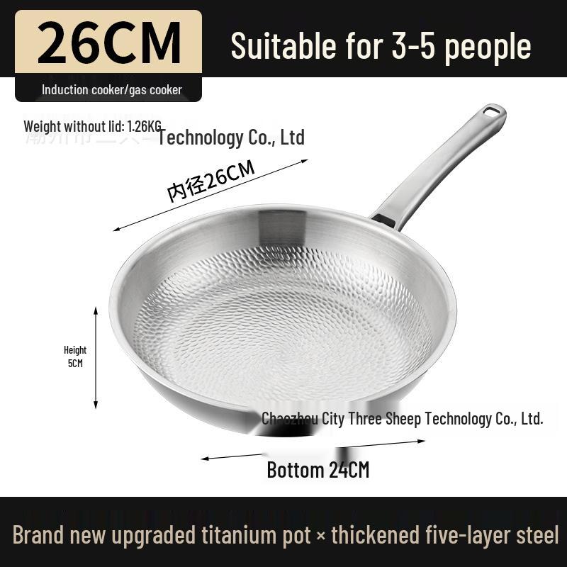 Titanium Dragon Scale Hammer Pattern Flat Bottom Wok with Square Handle, No Coating, Less Oil Smoke, Stainless Steel Steak Frying Pan.
