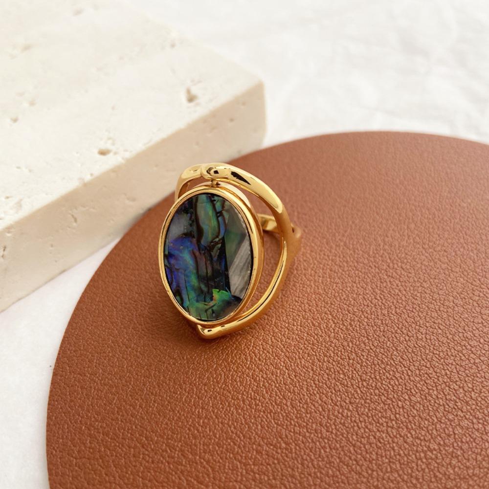 Stainless Steel Geometric Oval Rings Finger Jewelry Rotatable Opal Rings Flippable Rings Women