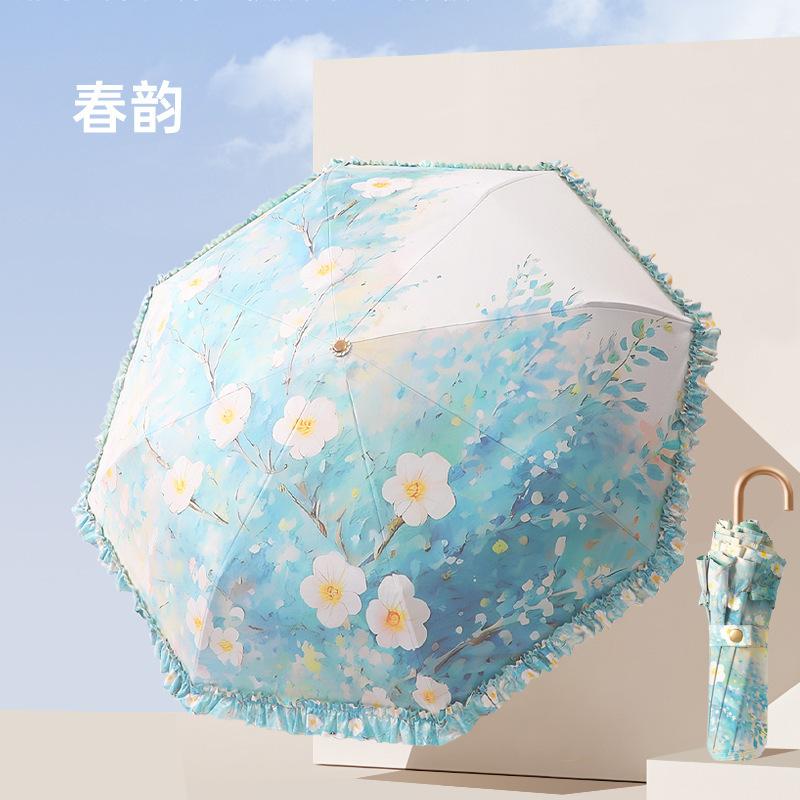 Small Gold Hook Printed Lace Three-fold Umbrella Color Glue Anti-ultraviolet Sun Umbrella Women's Lightweight Portable Sunshade Umbrella