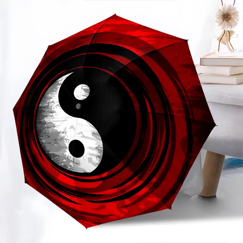 Yin Yang, Red Background Themed Automatic Opening and Closing Umbrella, Brightly Colored 8-rib Portable Umbrella, Suitable for Men and Women