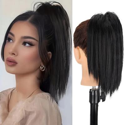 Elegante Pferdeschwanzverlängerung aus synthetischem, glattem Haar mit Klauenclip, vielseitige Hochsteckfrisur für alle Haartypen – zerzauster Dutt, Haarteil