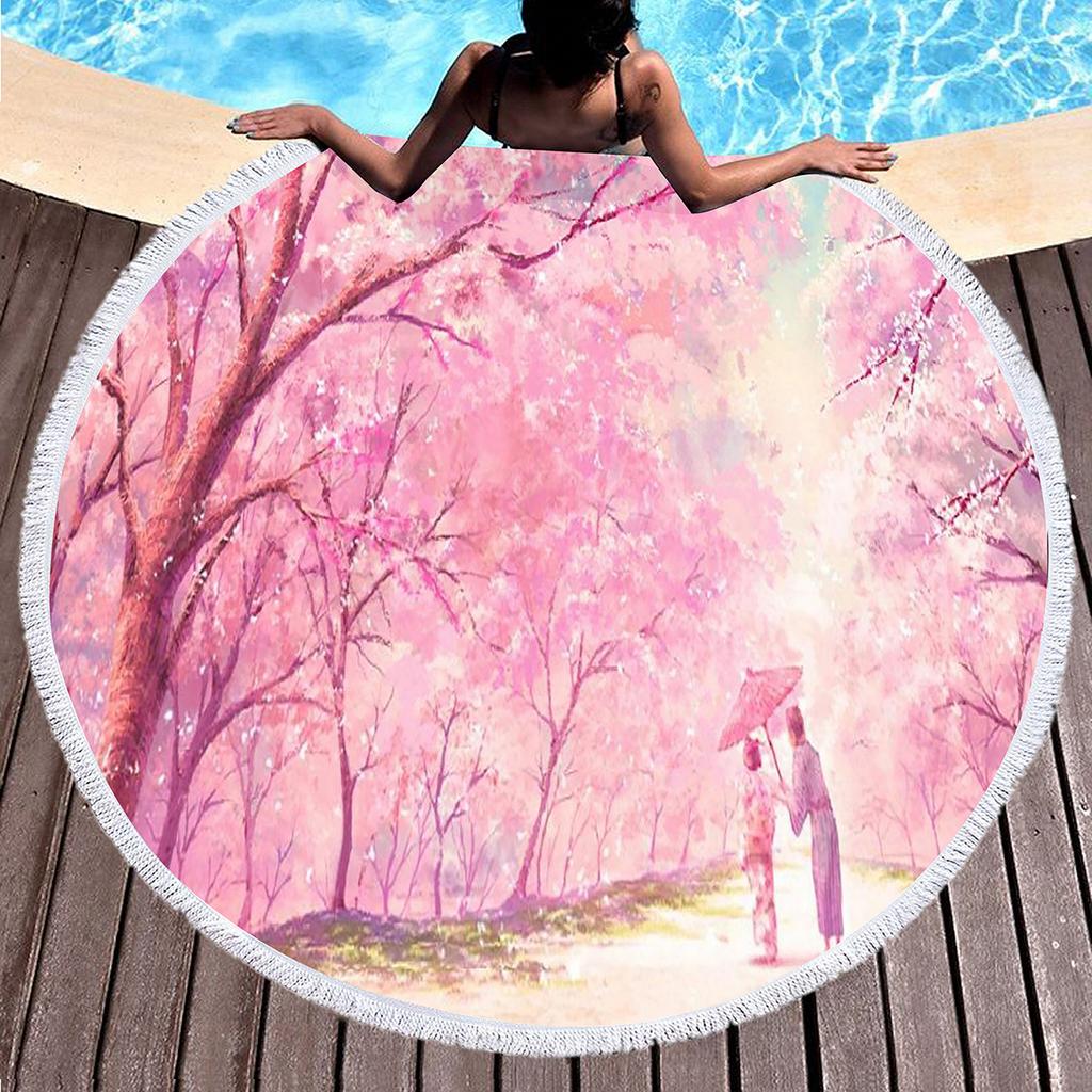Beautiful Peach Blossom Round Beach Towel with Tassel,Microfiber Sand Free Quick Dry Botanical Floral Circle Bath Towel Yoga Mat