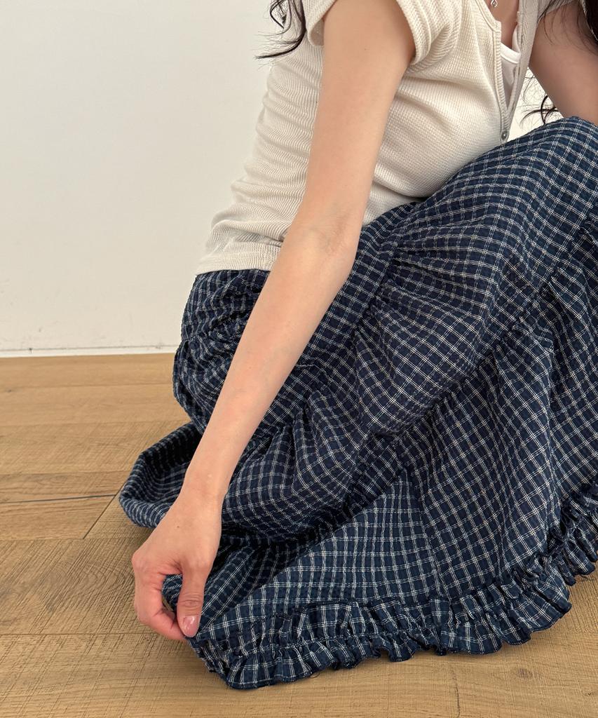 Moyora Frill Tiered Flare Check Long Skirt [Deep Blue]