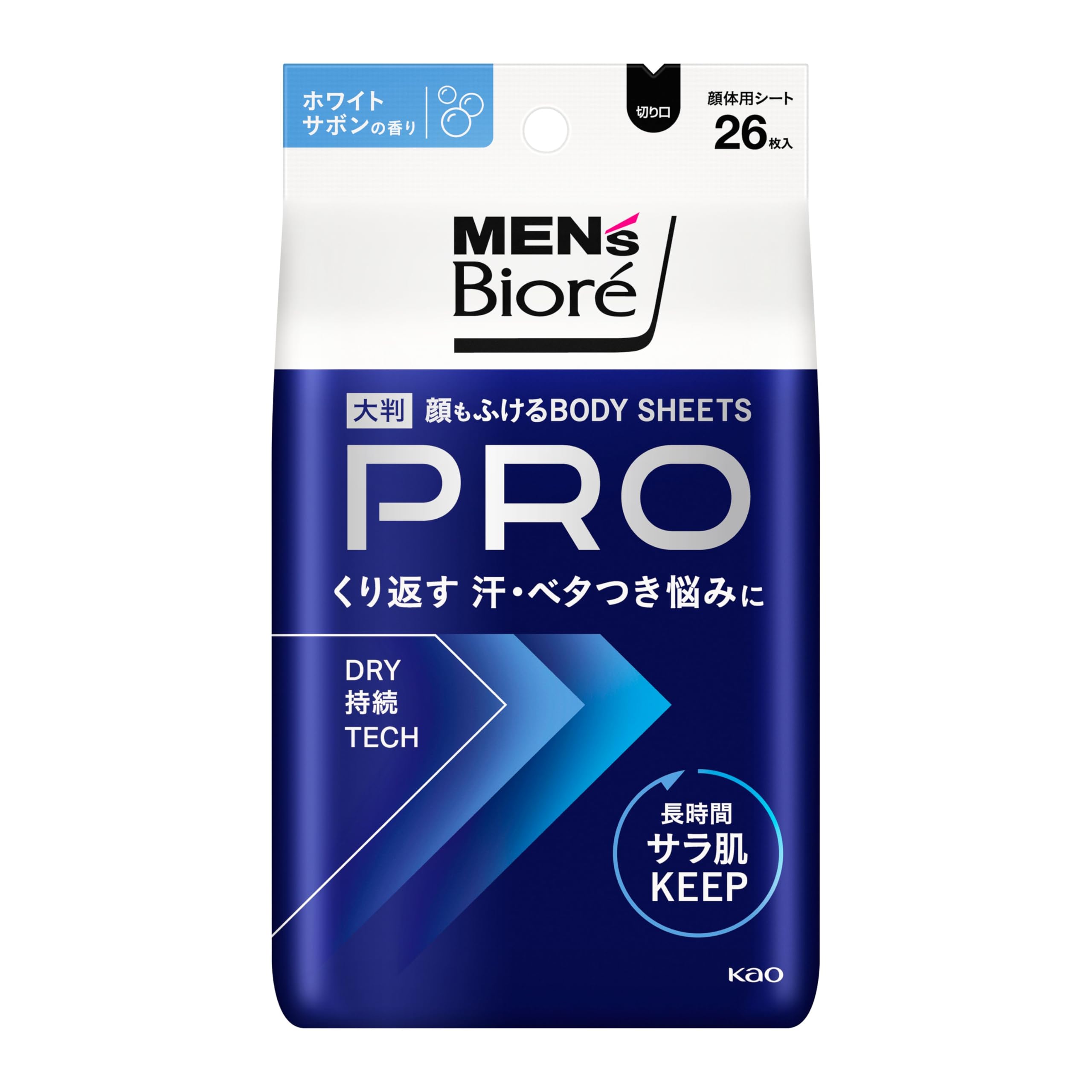 

Мужские салфетки для тела и лица Biore PRO, 26 штук, Контроль пота, Освежающие, Нелипкие White Savon Scent