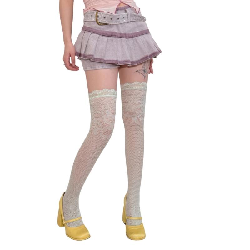 Ästhetische bunte gemusterte Overknee-Socken mit Spitzenbesatz Fischernetz-Gewebe Dehnbar Nylon Oberschenkelhohe Strümpfe für Damen