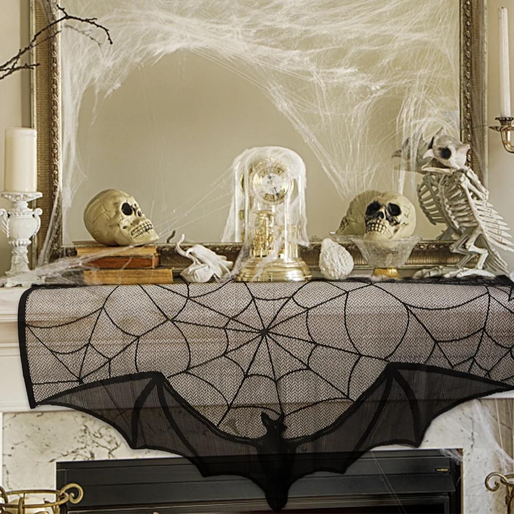 1Pc Halloween Lace Curtain Black Bat Spider Tablecloth Fireplace Mantel Scarf Cover Halloween Home Room Cobweb Horror Decoration