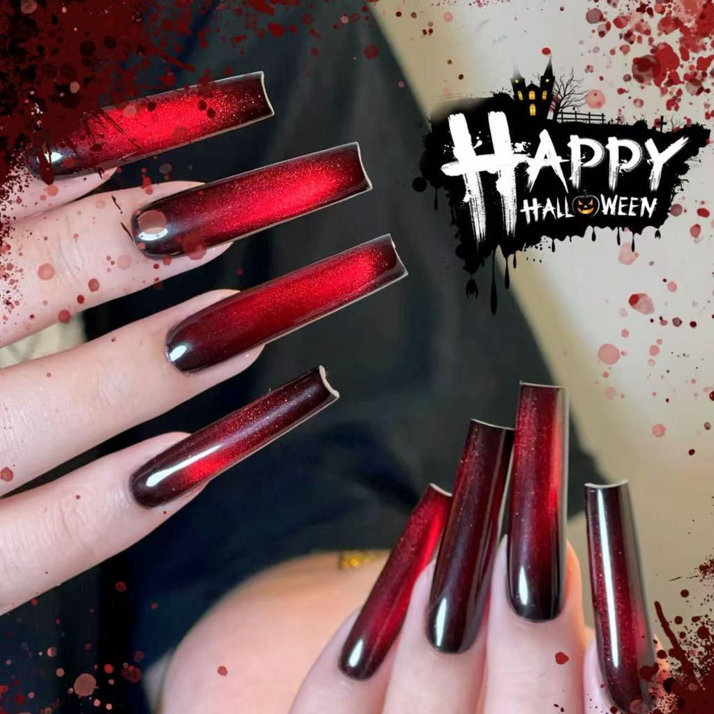 24pcs Autumn/Winter Red Cat Eye Gradient Long Glass Beads Press-on Nails - Shiny High-Grade Texture